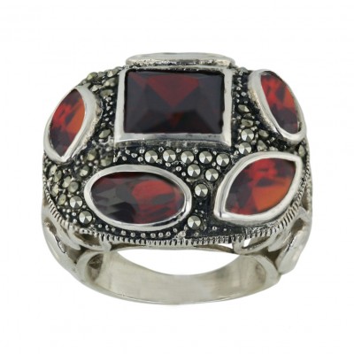 Marcasite Ring 27X27mm Pave Marcasite Cushion with Garnet Cubic Zirconia Marquis+Olivine - 7