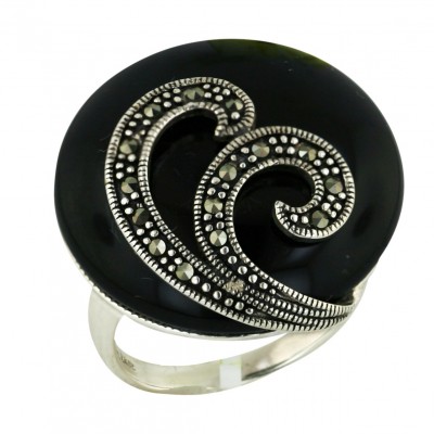 Marcasite Ring 27X27mm Onyx Round with Pave Marcasite Double Swirl