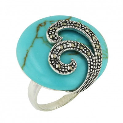 Marcasite Ring 27X27mm Reconstructed Turquoise Round with Pave Marcasite D