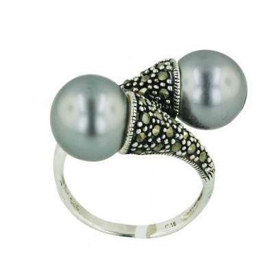 Marcasite Ring Oppositive 10mm Gray Faux Pearl