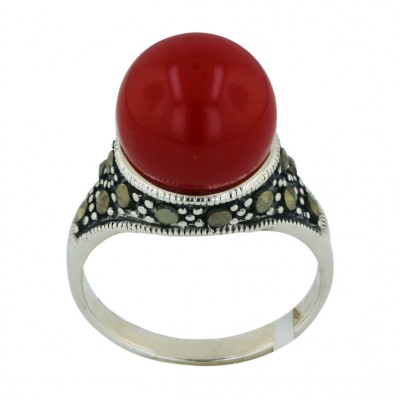 Marcasite Ring 12mm Red Coral Ball with Pave Marcasite Around