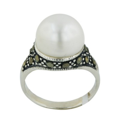 Marcasite Ring 12mm White Fresh Water Pearl Pearl Ball with Pave Marcasite Around