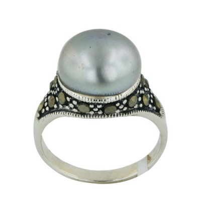 Marcasite Ring 12mm Gray Fresh Water Pearl Pearl Ball with Pave Marcasite Around