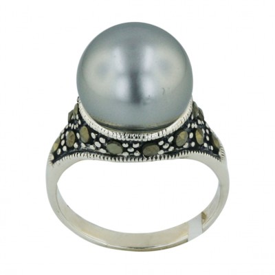 Marcasite Ring 12mm Gray Faux Pearl Ball with Pave Marcasite Around