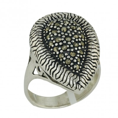 Marcasite Ring 24X17mm Tear Drop Pave Marcasite with Lines Texture Ar