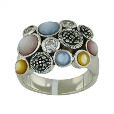 Marcasite Ring Black,Pink,Yellow.Mother of Pearl,Clear Cubic Zirconia+Marcasite Bubble