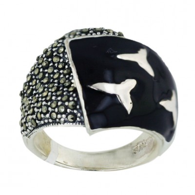 Marcasite Ring Black Enamel with 4 Silver "Y"+Pave Marcasite Sided