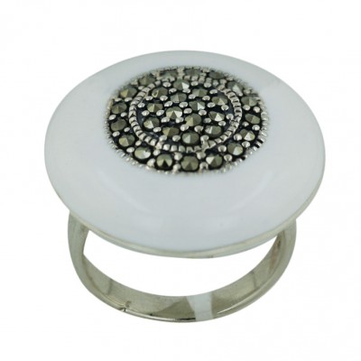 Marcasite Ring 25mm Wh Enamel Round with Pave Marcasite Ctr
