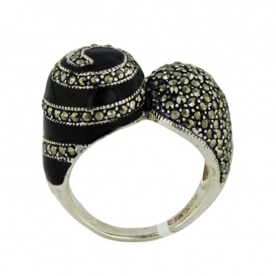 Marcasite Ring 13mm Black Enamel with Pave Marcasite Swirl Ball with 13mm