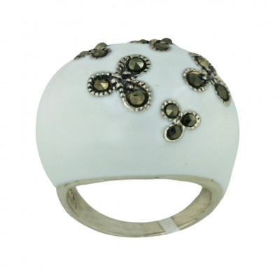Marcasite Ring White Enamel Concave with Pave Marcasite Flwrs