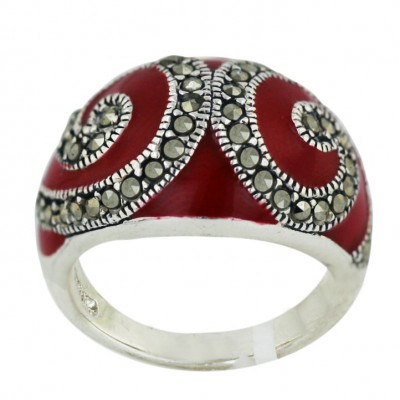 Marcasite Ring Rd Enamel with Pave Marcasite Swirl