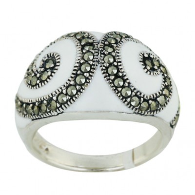 Marcasite Ring Wh Enamel with Pave Marcasite Swirl