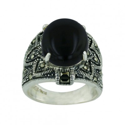 Marcasite Ring 15X12mm Onyx Cabochon Oval with Marcasite Leaf both