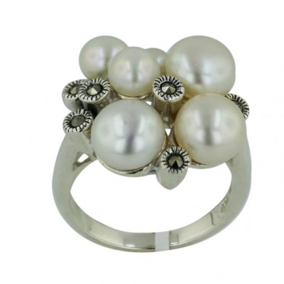 Marcasite Ring Triple 8mm+Double 6mm+Single 4mm White Fresh Water Pearl