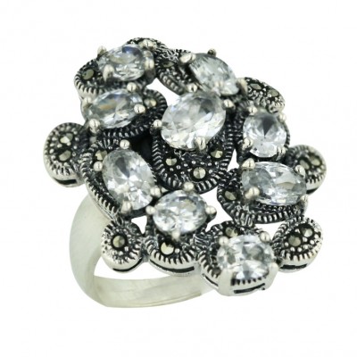 Marcasite Ring Clear Cubic Zirconia Round+Oval Cluster