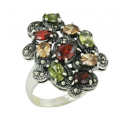 Marcasite Ring Garnet +Olivine+Champagne Cubic Zirconia Round+Oval Cluster