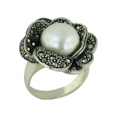 Marcasite Ring 12mm White Fresh Water Pearl with Pave Marcasite Flower Around