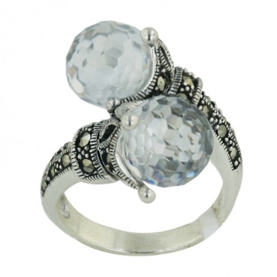 Marcasite Ring 10mm Double Clear Cubic Zirconia Oppositive Broilette Balls - 8