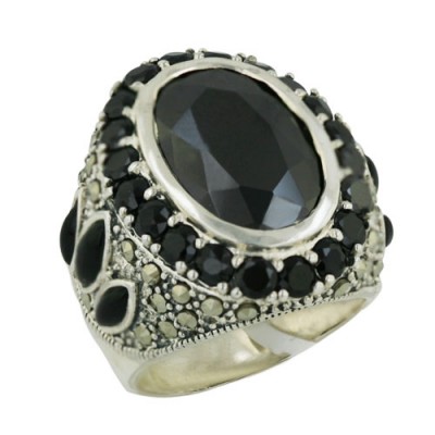 Marcasite Ring 25X20mm Black Cubic Zirconia Oval Bezel Set with 3 Onyx Marq