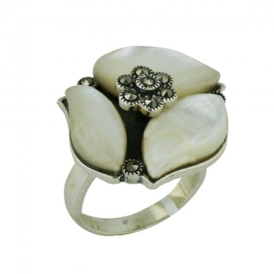 Marcasite Ring 3 White Mother of Pearl with Pave Marcasite Flower Ctr