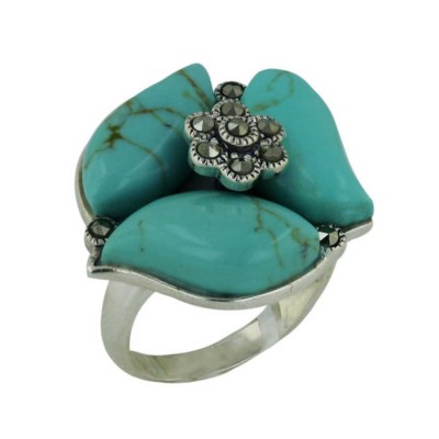 Marcasite Ring 3 Reconstructed Turquoise with Pave Marcasite Flower Ctr