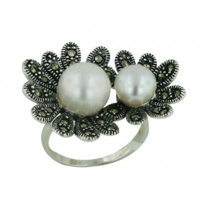 Marcasite Ring 10+8mm White Fresh Water Pearl with Pave Marcasite Flower Around