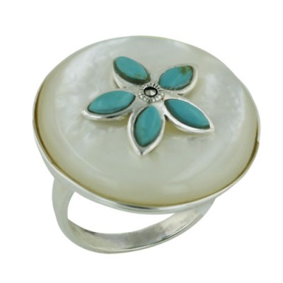 Marcasite Ring 26mm White Mother of Pearl Cabochon Round with Reconstruc