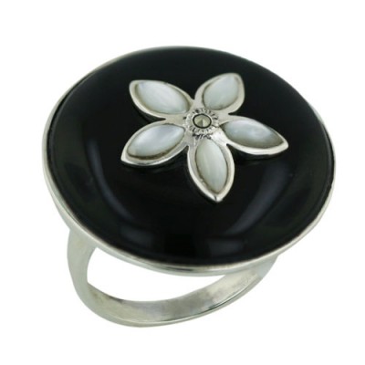 Marcasite Ring 26mm Onyx Cabochon Round with White Mother of Pearl Flower