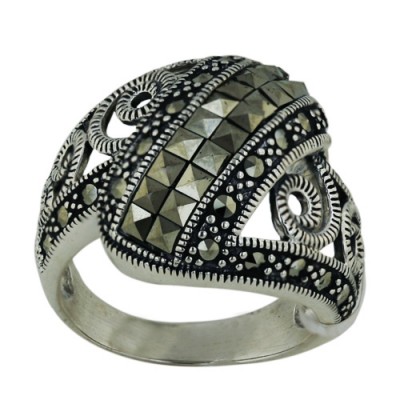 Marcasite Ring Pave Marcasite Zig Zag with Oxidized Rope Swirl+Square