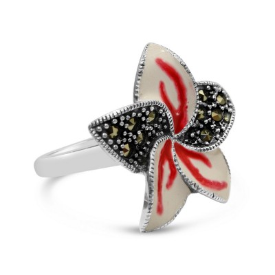 Marcasite Ring 23X23mm Red+White Opaque Epoxy Pave Marcasite Flower