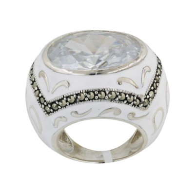 Marcasite Ring 23X17mm Clear Cubic Zirconia Round with Wh Enamel+Marcasite Lines +