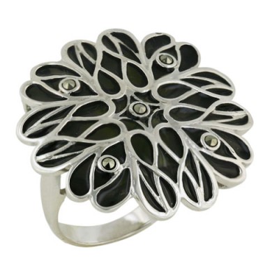 Marcasite Ring 30X30mm Black Transparent Epoxy Net Flower with 5