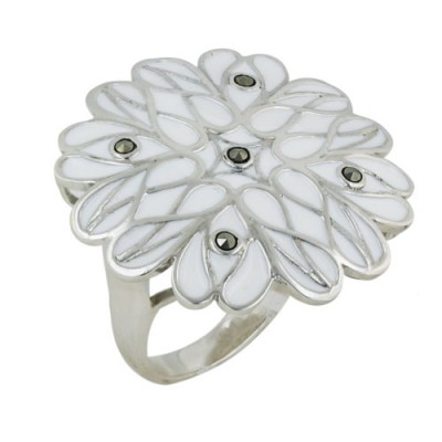 Marcasite Ring 30X30mm White Opaque Epoxy Net Flower with 5 Marcasite