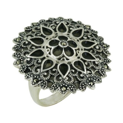 Marcasite Ring 30X30mm Black Transparent Epoxy Flower Motif with