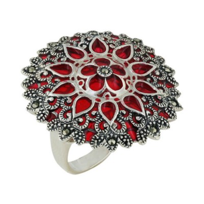 Marcasite Ring 30X30mm Red Transparent Epoxy Pantone#200C