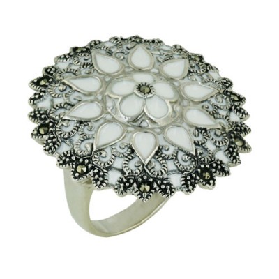 Marcasite Ring 30X30mm White Opaque Epoxy Flower Motif with Ox