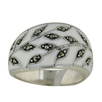 Marcasite Ring 22X14mm Marcasite Leaf+White Opaque Epoxy