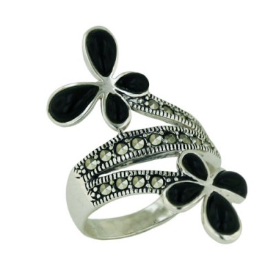 Marcasite Ring Spiral Row with 2 (4Pcs) Onyx Petals