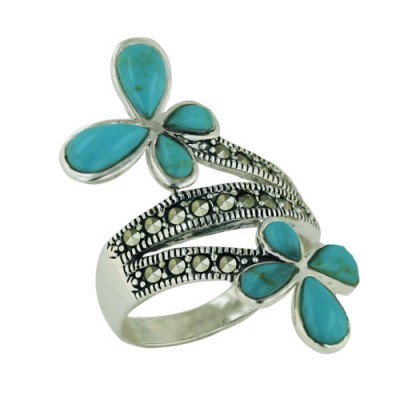 Marcasite Ring Spiral Row with 2 (4Pcs) Faux Turquoise Petals