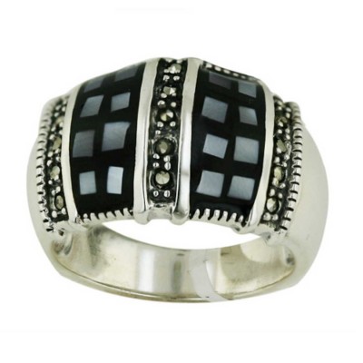 Marcasite Ring Vertical White+Black Mother of Pearl Inlay Mosaic Patt