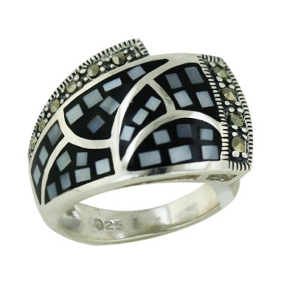 Marcasite Ring White+Black Mother of Pearl Inlay Mosaic Pattern
