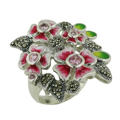 Marcasite Ring 4 Pink/White Petals Enamel+Pink Cubic Zirconia Bezel F