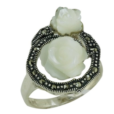 Marcasite Ring 2 White Mother of Pearl Rose with Marcasite Around
