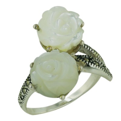 Marcasite Ring 2 White Mother of Pearl Roses+Marcasite Leaf