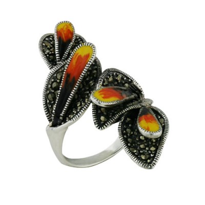 Marcasite Ring 4 Orange/Black/Yellow Mix Enamel Tulip