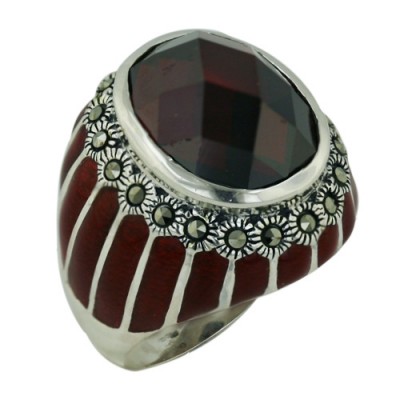 Marcasite Ring Oval Chess Cut Garnet Cubic Zirconia+Red Epoxy Enamel Vert