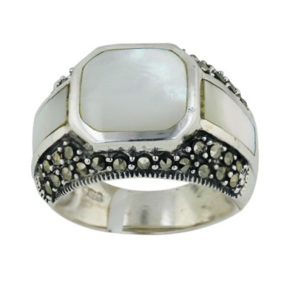 Marcasite Ring Cushion White Mother of Pearl Inlay+Both Side
