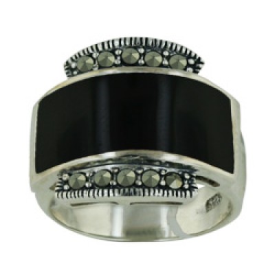 Marcasite Ring Wide Onyx Inlay Horizontal Center Row