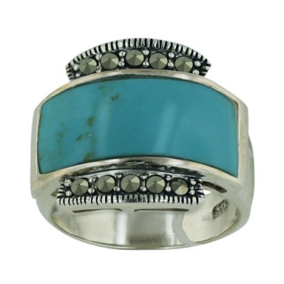 Marcasite Ring Wide Faux Turquoise Inlay Horizontal Center Row