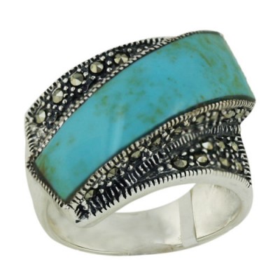 Marcasite Ring Zig-Zag Fold Faux Turquoise+Marcasite Row